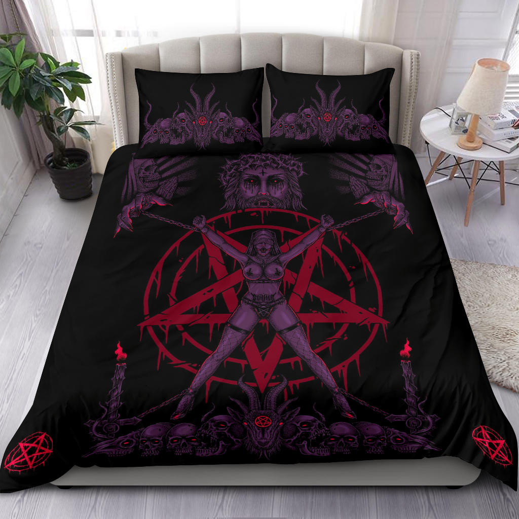 Skull Satanic Pentagram Demon Chained To Sin And Lovin It Part 2 -3 Piece Duvet Set Awesome Glowing Purple