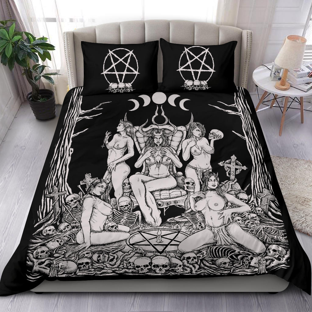 Skull Demon Satanic Pentagram Sexy Witch Throne 3 Piece Duvet Set