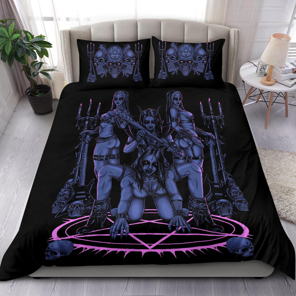 Skull Satanic Pentagram Ultimate Black Metal Lover Demon 3 Piece Duvet Set Erotic Blue Pink