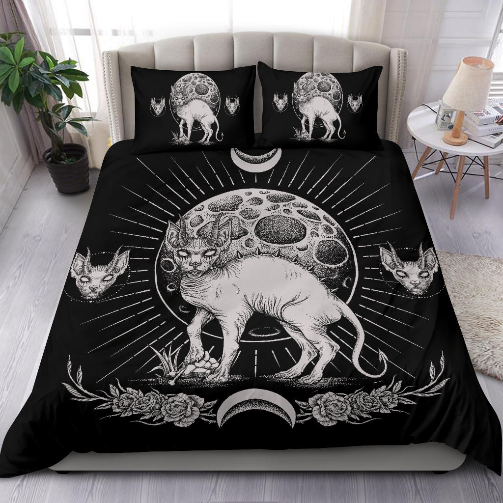 Gothic Occult Black Cat Unique Sphinx Style 3 Piece Duvet Set Black And White Awesome Full Cat Demonic White Eye Full Moon