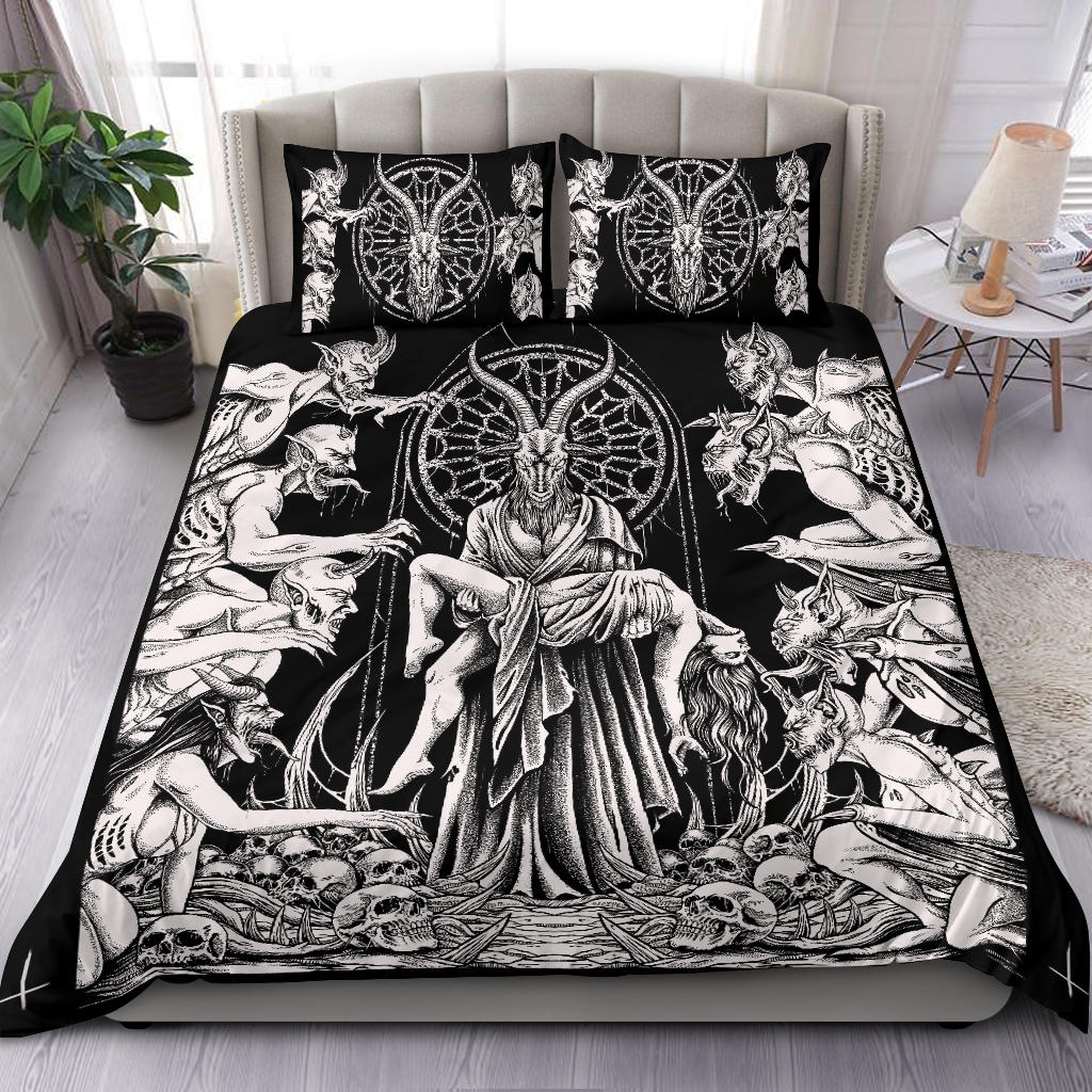 Skull Baphomet Goat Demon Frenzy 3 Piece Duvet Set Black And White