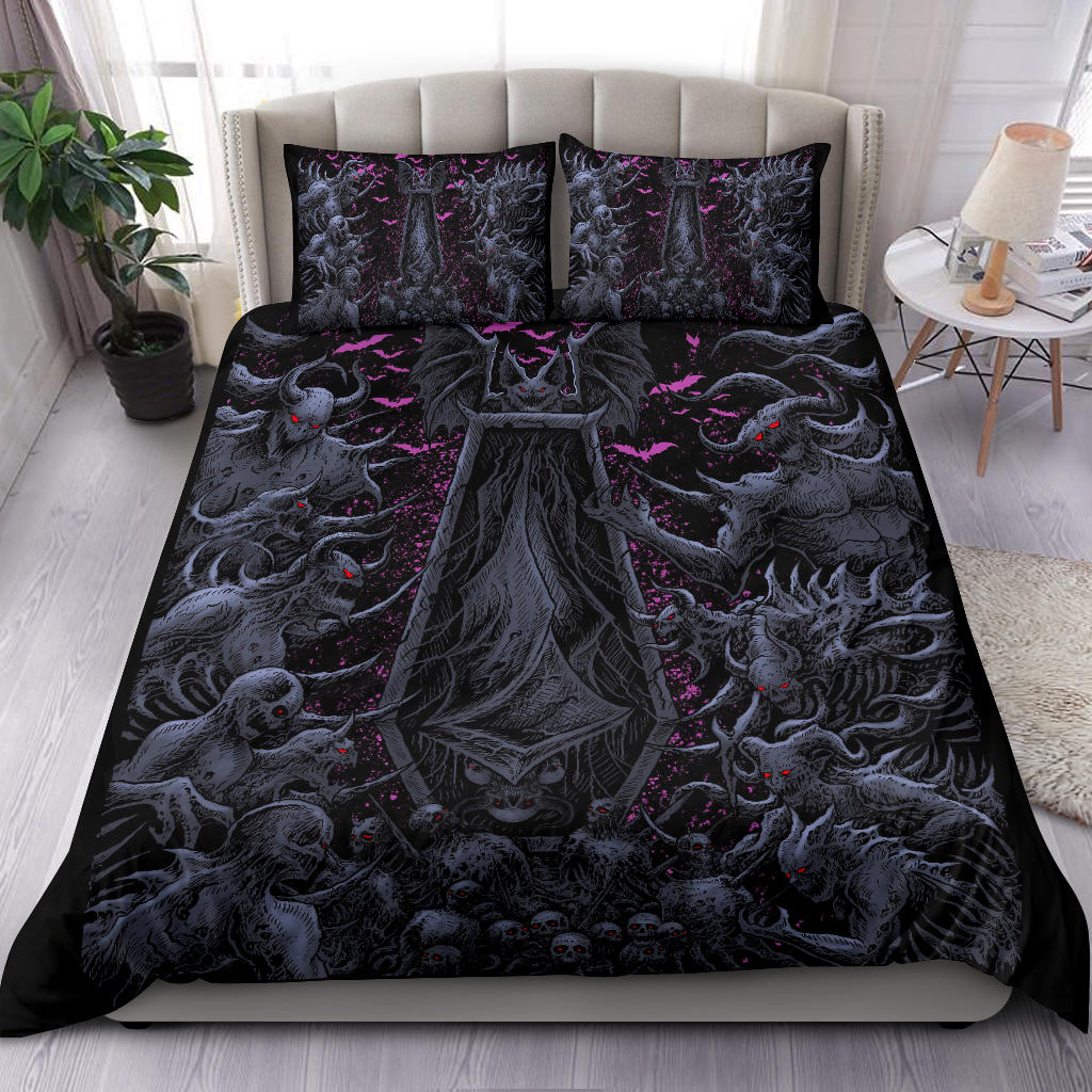 Coffin Shroud Bat Wing Demon Galore 3 Piece Duvet Set Night Blue Pink