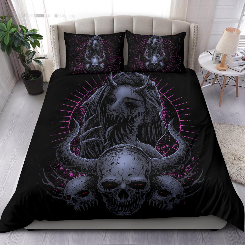 Monster Horned Skull Horned Demon Woman 3 Piece Duvet Set Night Blue Pink