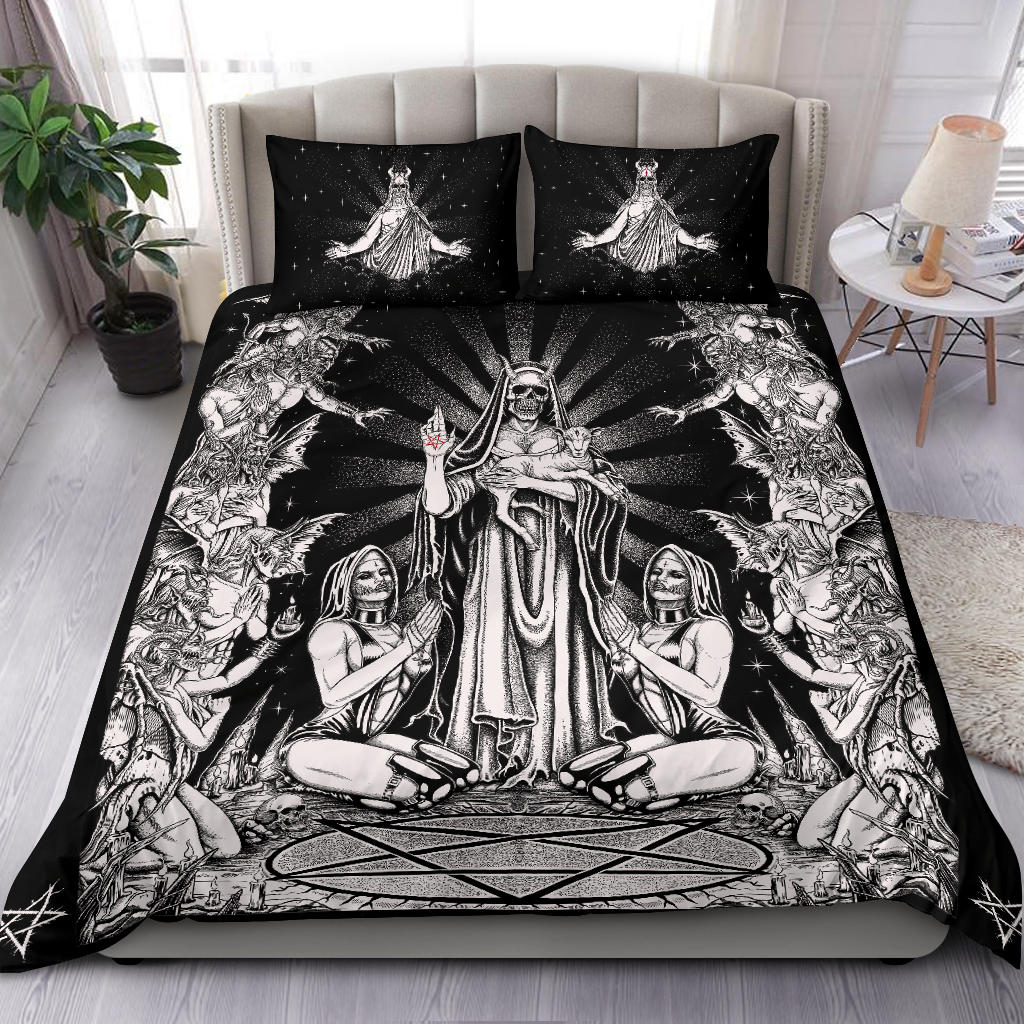 Satanic Pentagram Palm Nun Inverted Cross Forehead Pillows Demon Bombardment 3 piece Duvet Set Black And White