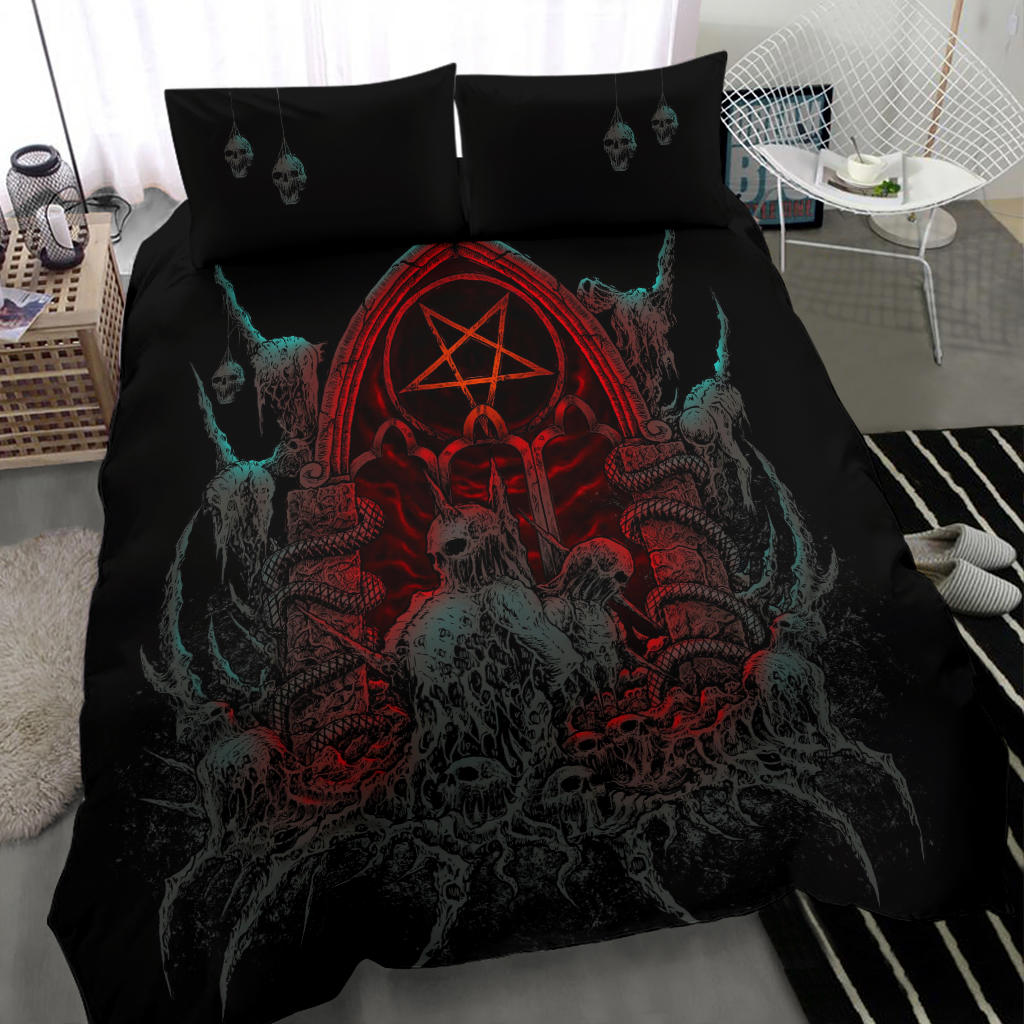 Satanic Skull Impaled Skeleton Inverted Flame Pentagram Shrine 3 Piece Duvet Set Color Version