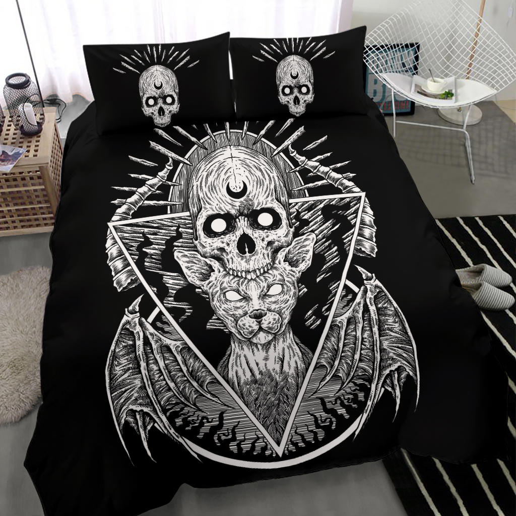 Gothic Skull Demon Cat 3 Piece Duvet Set Black And White Version