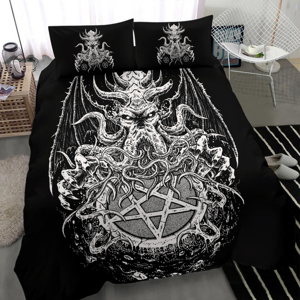 Satanic Skull Inverted Pentagram Demon Octopus 3 Piece Duvet Set With Pentagram Pillow Covers 2nd Version