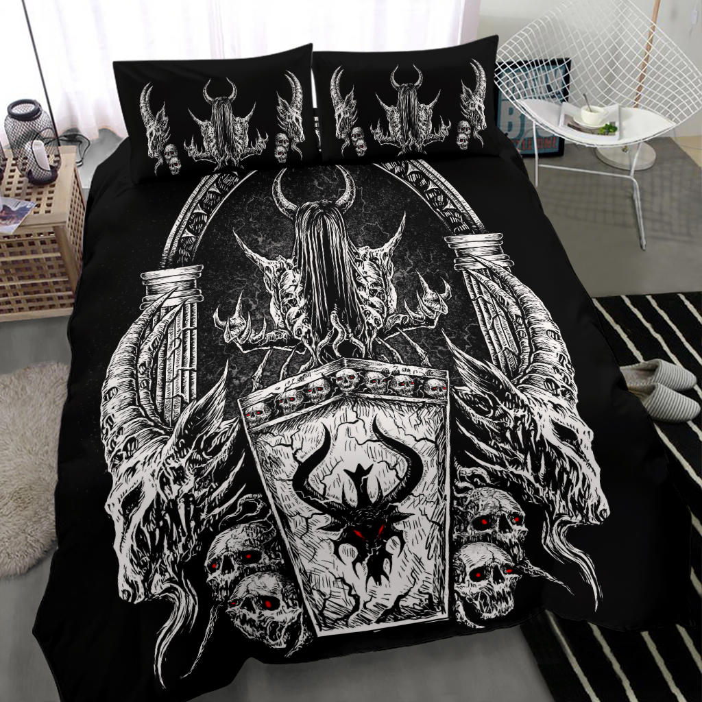 Skull Demon Shrine Black And White Red Eye Version 3 Piece Duvet Set