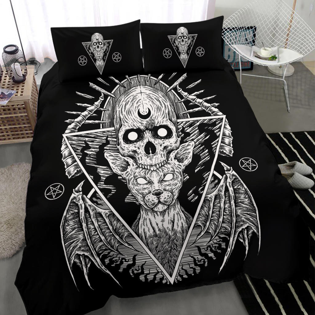 Gothic Skull Cat Inverted Pentagram Version 3 piece Duvet Set