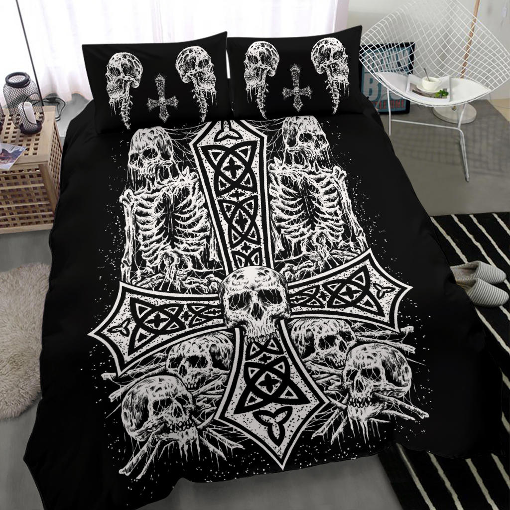 Skull Skeleton Inverted Cross 3 Piece Duvet Set Version # 2