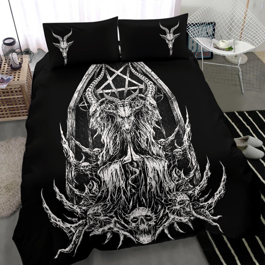 Skull Inverted Pentagram Satanic Goat Shrine 2nd Prayer Black And White Version 3 Piece Duvet Set