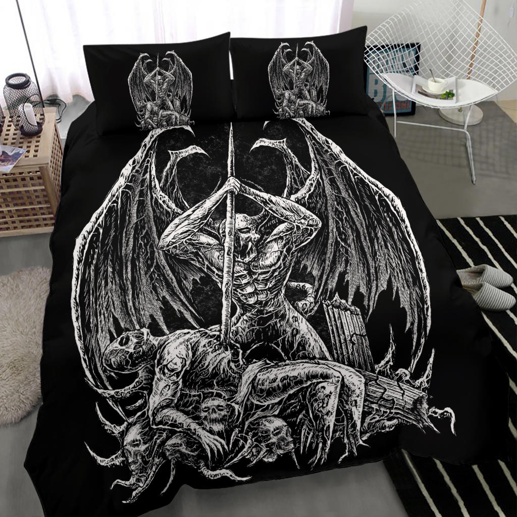 Skull Winged Demon Slaying 3 piece Duvet Set Black And White Version