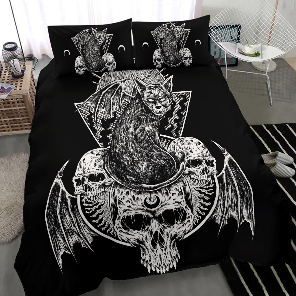 Skull Gothic Bat Wing Cat 3 Piece Duvet Set
