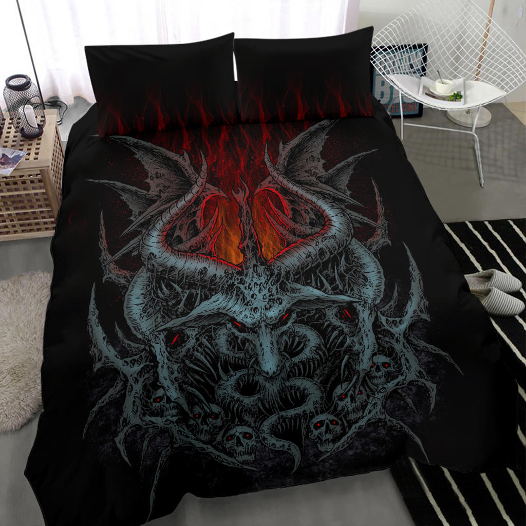 Skull Satanic Goat Winged Demon Flame 3 Piece Duvet Set Red Flame Version