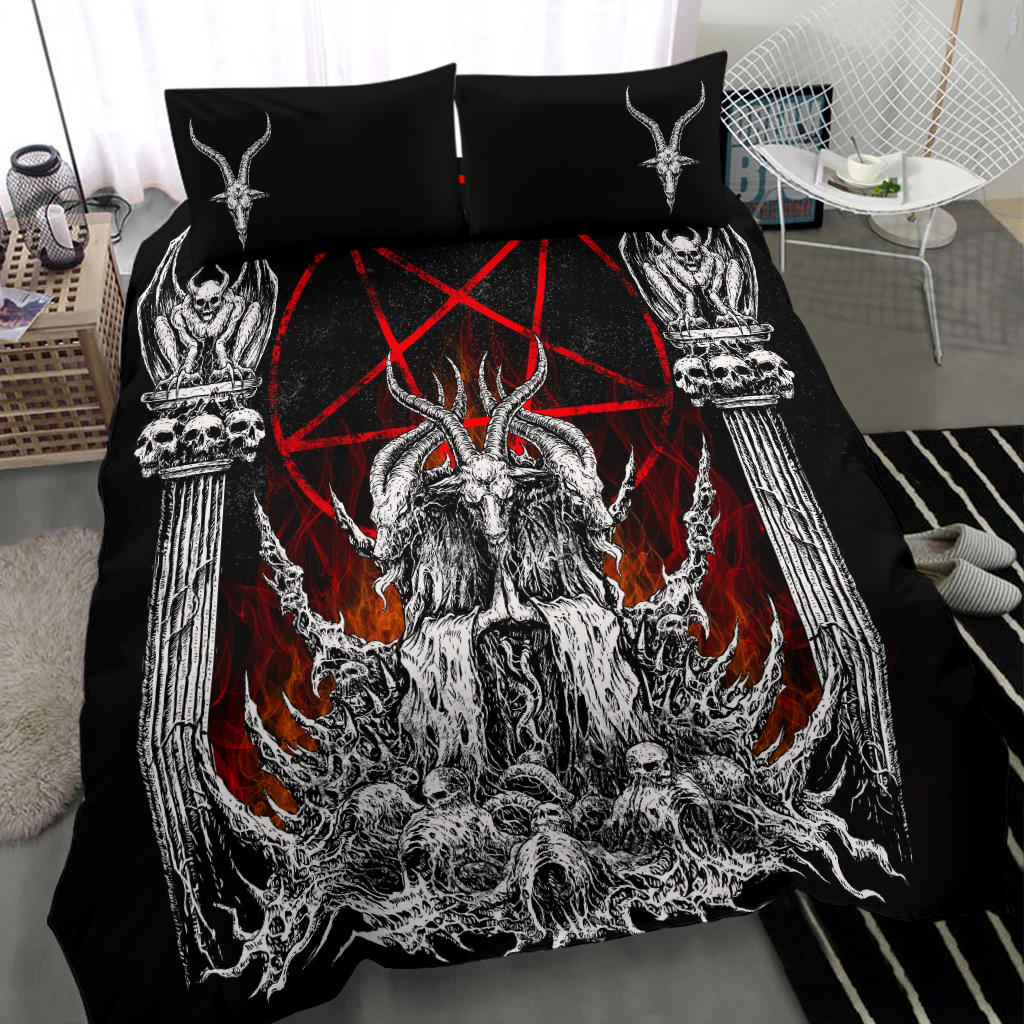 Skull Satanic Goat 3 Piece Duvet Set Black And White Red Flame Inverted Pentagram Version