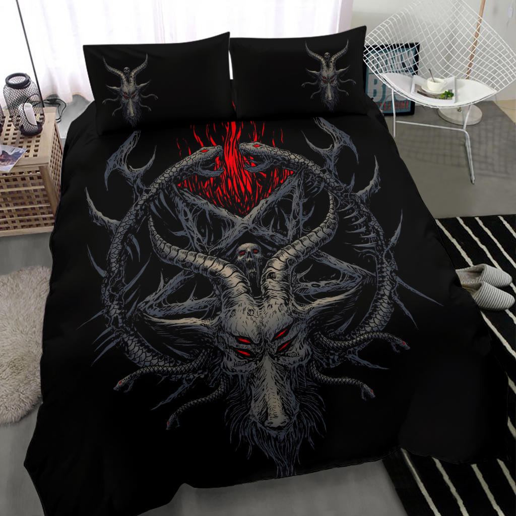 Skull Satanic Pentagram Goat Serpent Flame 3 Piece Duvet Set Color Version