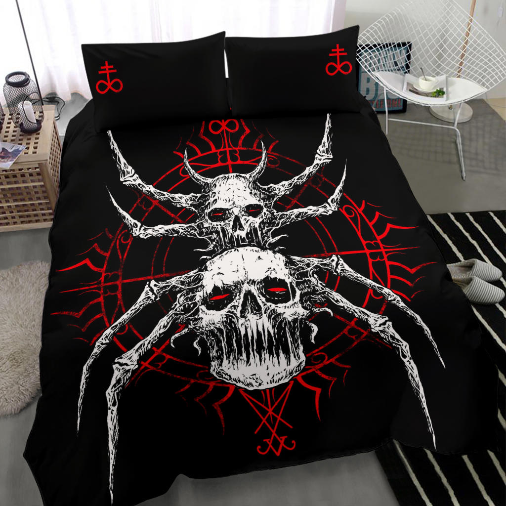 Skull Gothic Satanic Spider 3 Piece Duvet Set Red Version