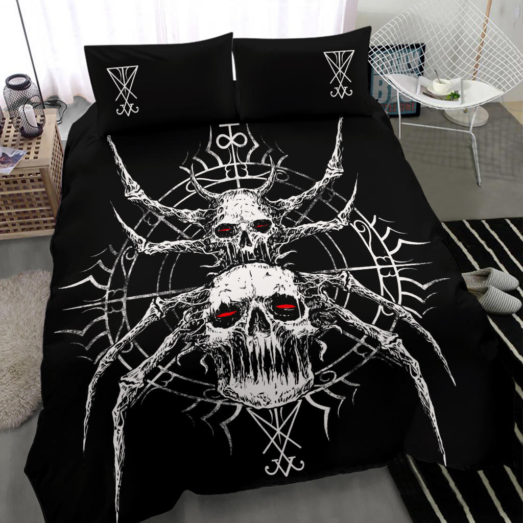 Skull Gothic Satanic Spider 3 Piece Duvet Set Red Eye Lucifer Version