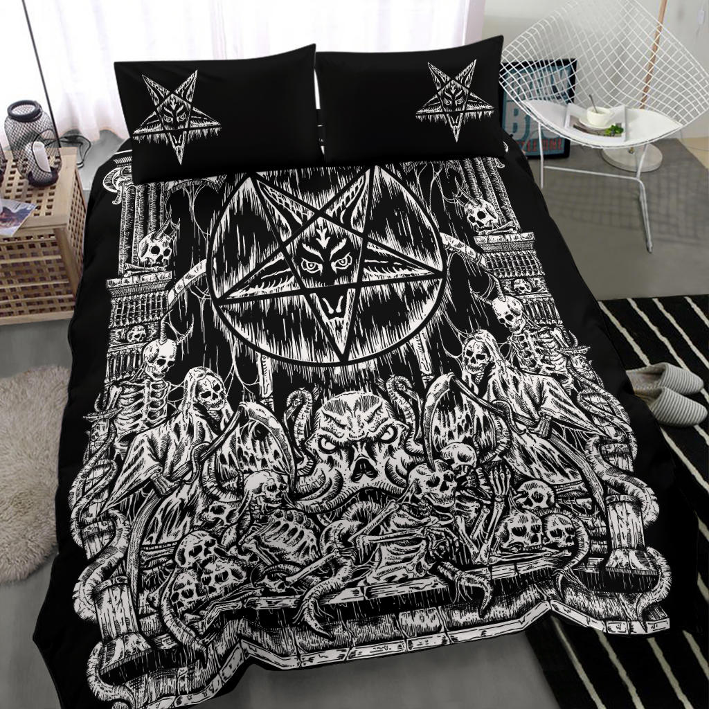 Skull Skeleton Satanic Pentagram Shrine With Demon Octopus 3 Piece Duvet Set