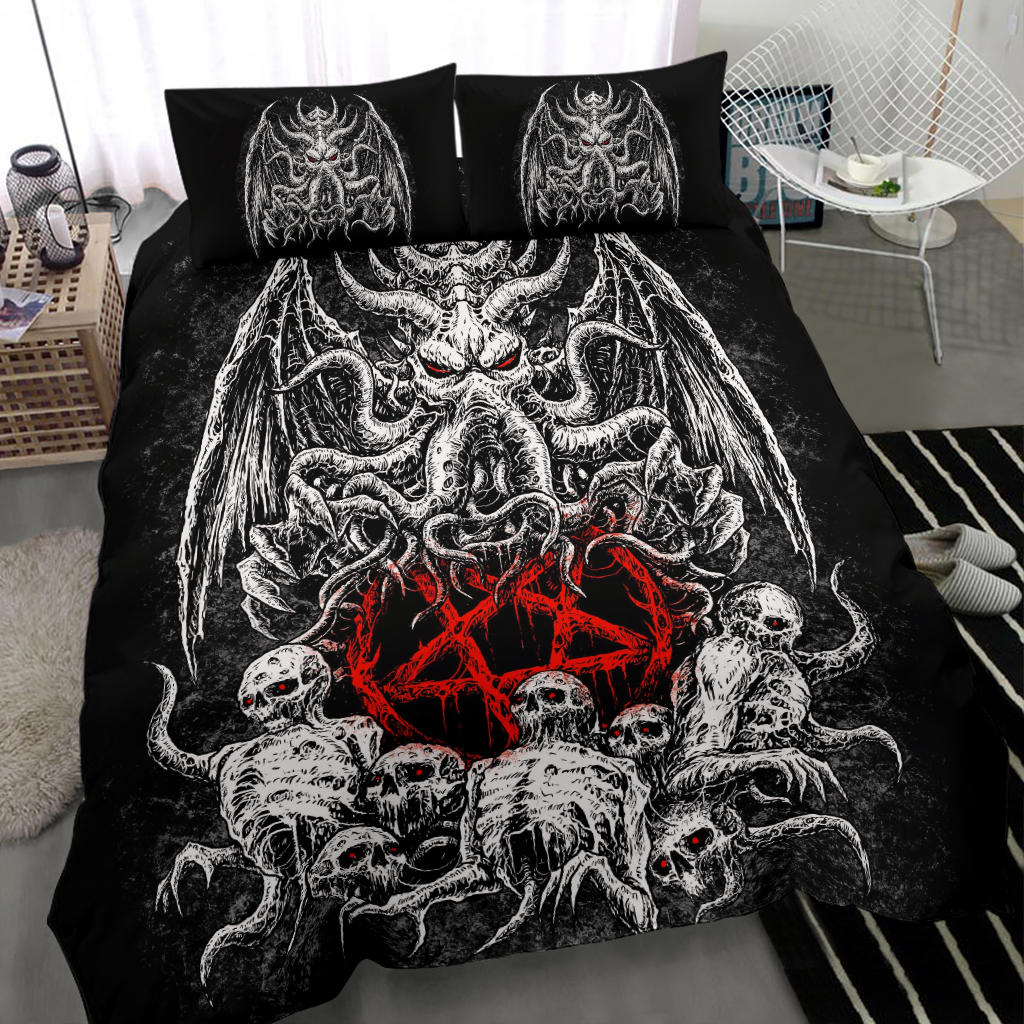 Skull Skeleton Demon Octopus Satanic Pentagram 3 Piece Duvet Set Black And White Red