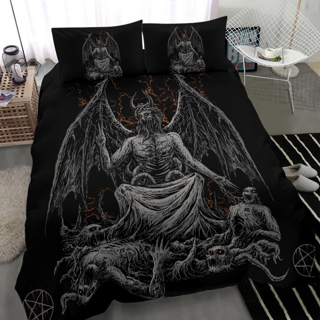 Skull Skeleton Winged Demon God Satanic Pentagram 3 Piece Duvet Set Dark Version