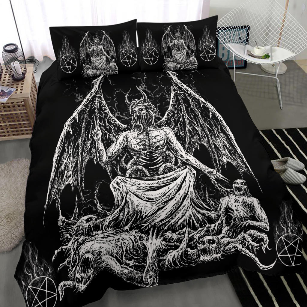 Skull Skeleton Satanic Pentagram Flame Satanic Demon Bat Wing God 3 Piece Duvet Set Black And White