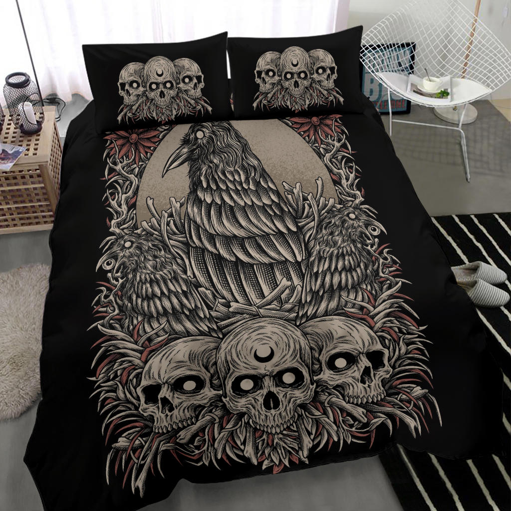 Skull Goth Occult Crow 3 Piece Duvet Set Color Color Version