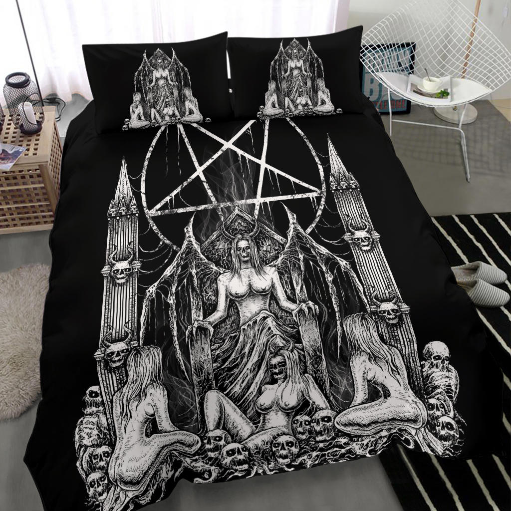 Skull Satanic Pentagram Lust Throne 3 Piece Duvet Set Black And White Throne Pillow Version