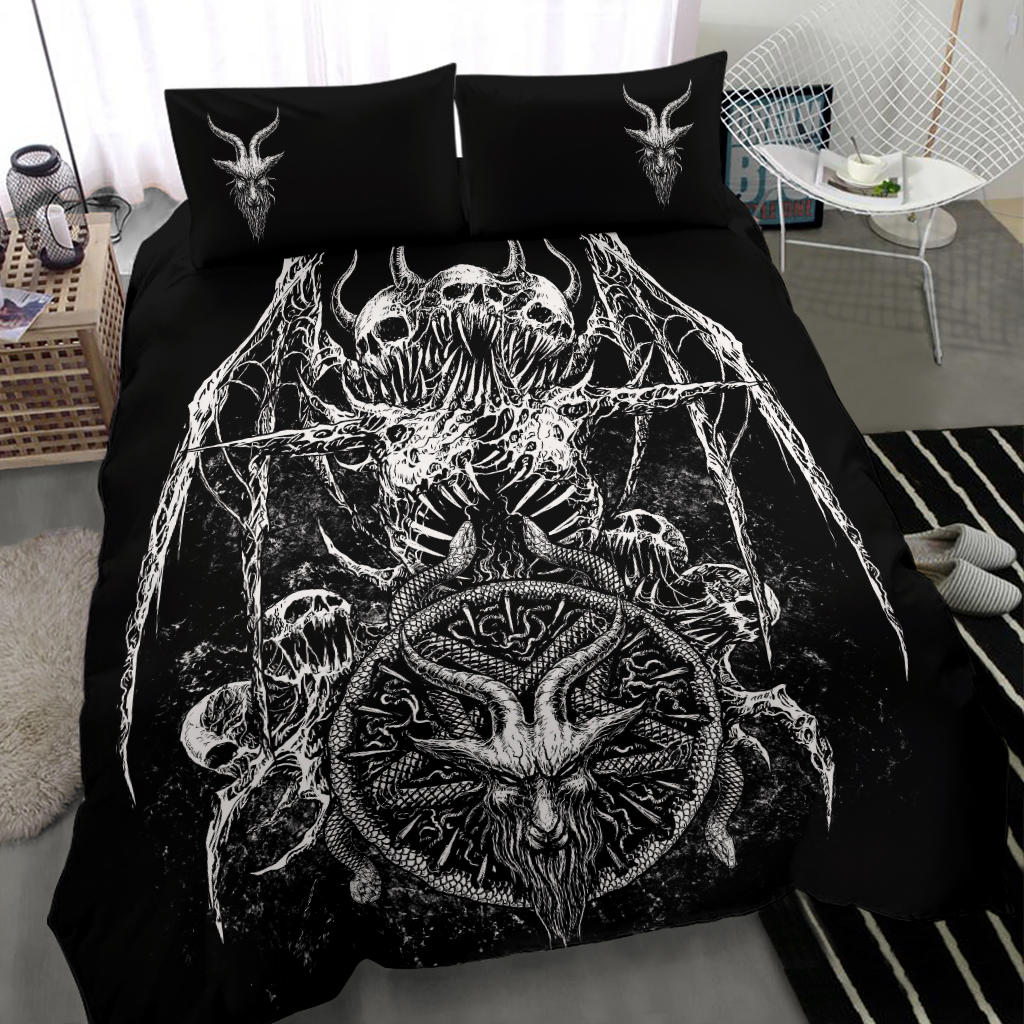 Skull Bat Wing Satanic Goat Satanic Pentagram Serpent 3 Piece Duvet Set Black And White Goat Head Pillow Version