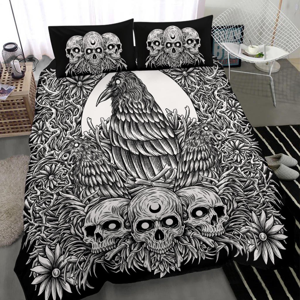 Skull Gothic Occult Crow 3 Piece Duvet Set Black And White