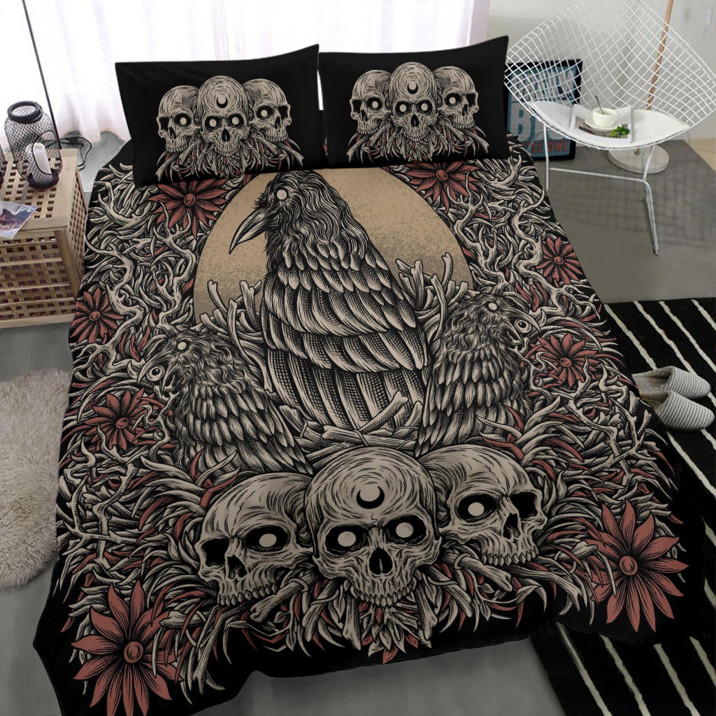 Skull Gothic Occult Crow 3 Piece Duvet Set Color Version
