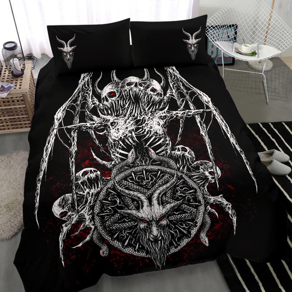 Skull Satanic Demon Goat Bat Wing Satanic Pentagram Serpent 3 Piece Duvet Set Red Eye Red Background Version