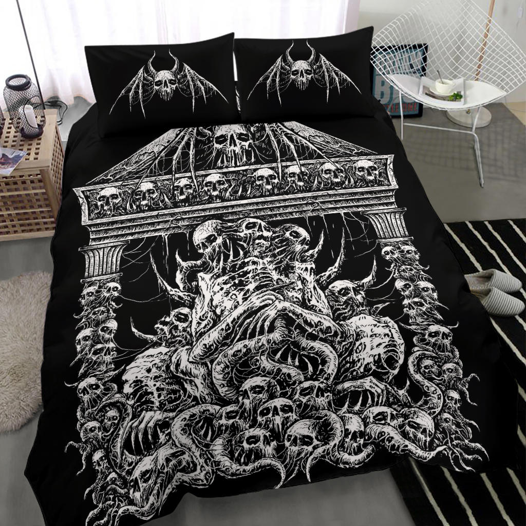 Skull Skeleton Bat Wing Skull 3 Piece Duvet Set Black And White