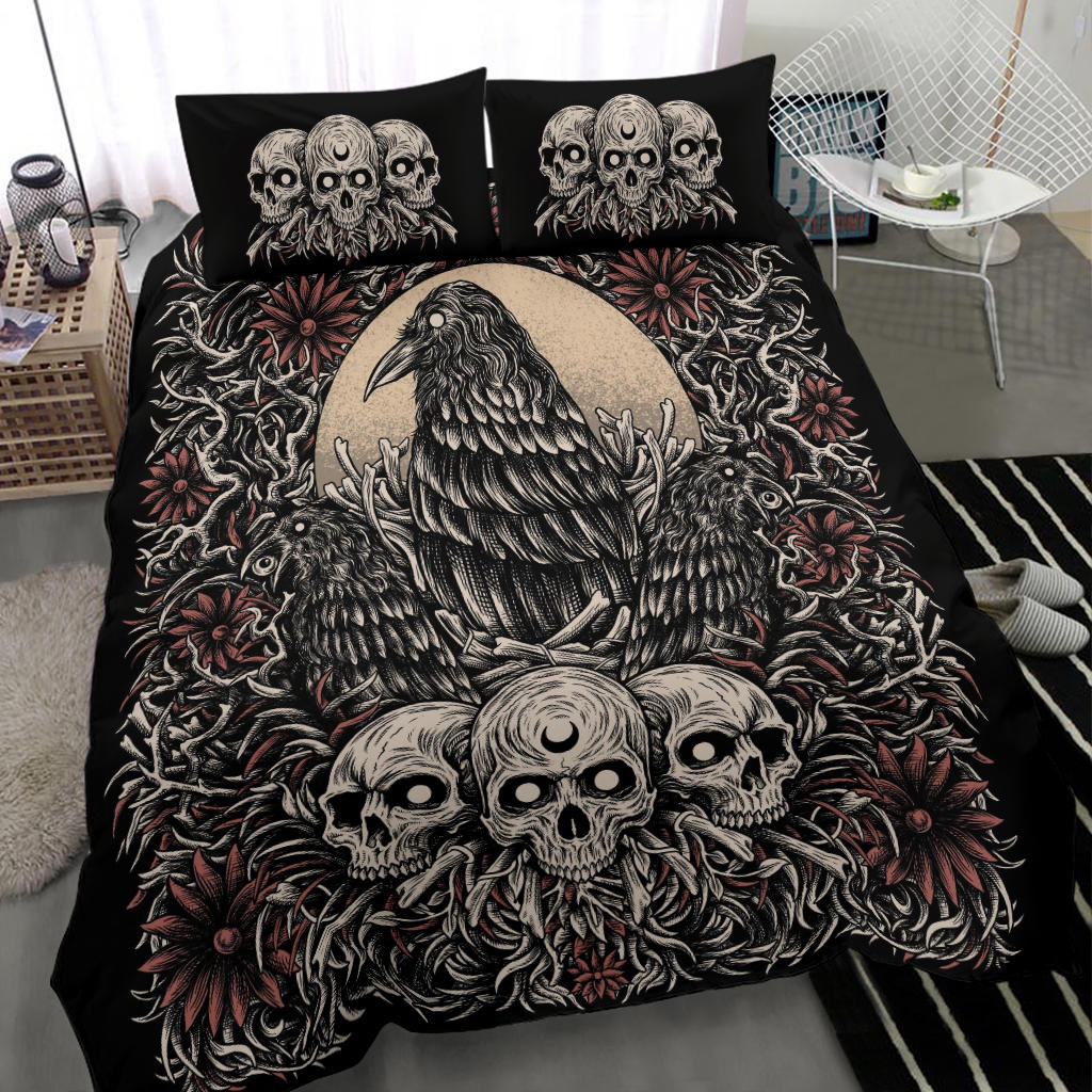 Skull Gothic Occult Crow Eye New Dark Color White Skull Version 3 Piece Duvet Set