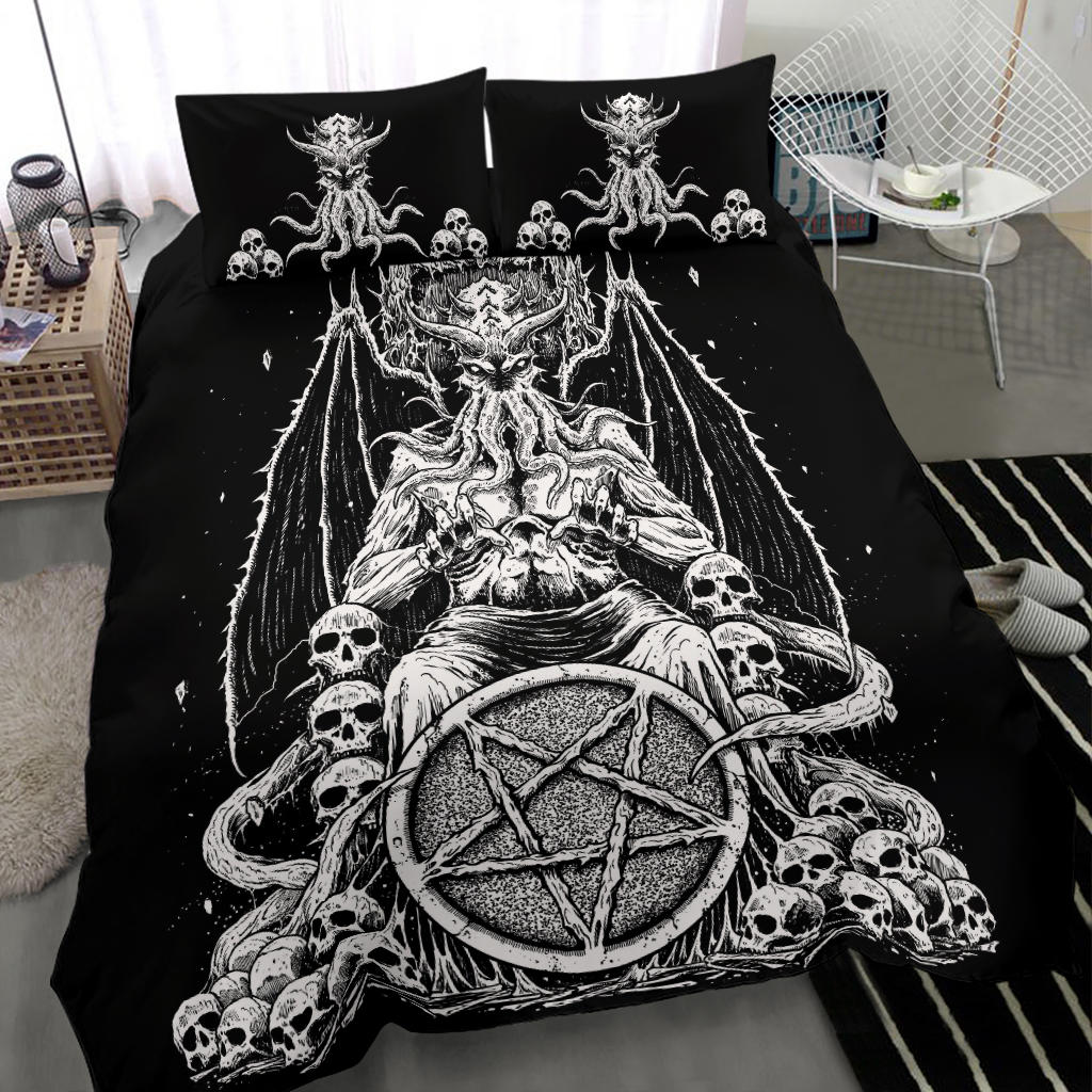 Skull Satanic Pentagram Demon Octopus Skull Throne 3 Piece Duvet Set