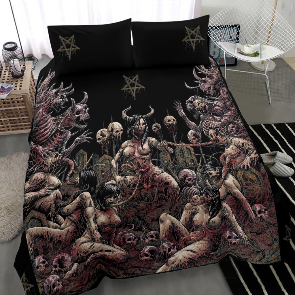 Skull Satanic Pentagram Demon Nymphomania And Loving It 3 Piece Duvet Set Color Version