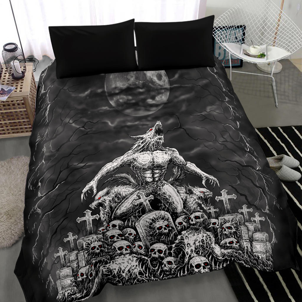 Skull Skeleton Werewolf Demon 3 Piece Duvet Set Black And White Red Eye