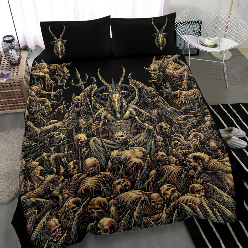 Skull Winged Satanic Goat Demon Zombie Galore Throne 3 Piece Duvet Set Color