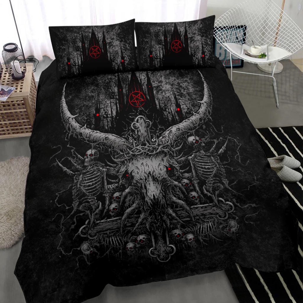 New! Skull Satanic Crowned Goat Satanic Cross Satanic Pentagram Night Church 3 Piece Duvet Set Awesome New Skull Silver Cross Red