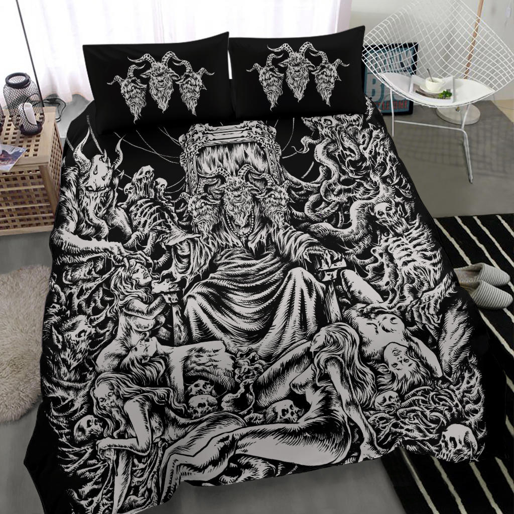 Skull Demon Satanic Goat Baphomet Throne 3 Piece Duvet Set Black And White