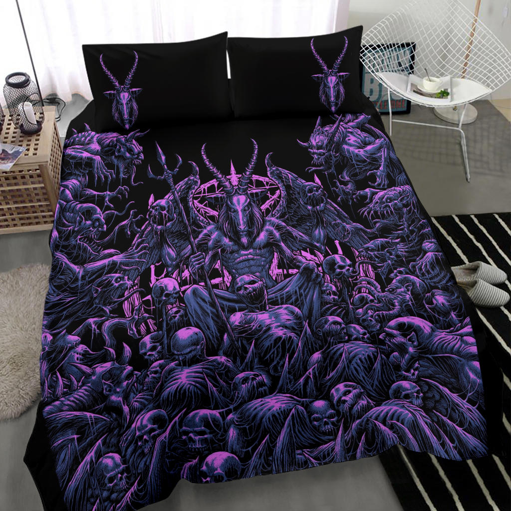 Skull Satanic Pentagram Winged Satanic Goat Demon Zombie Galore Throne 3 Piece Duvet Set Awesome Night Blue Pink