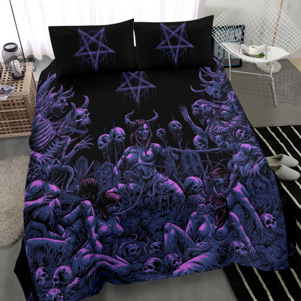 Skull Satanic Pentagram Demon Nymphomania And Lovin It 3 Piece Duvet Set New Wild Erotic Night Blue Pink Tint