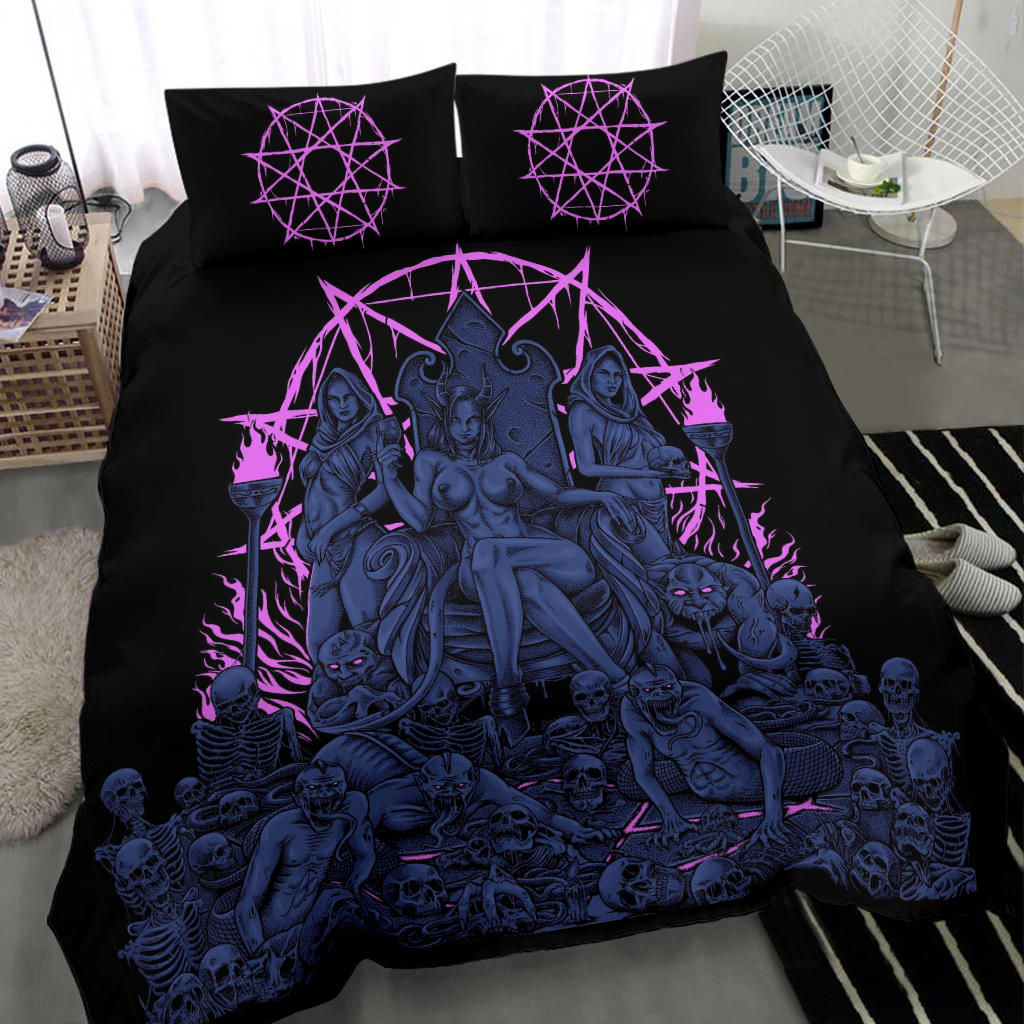 Skull Demon Serpent Flesh Gluttony Throne 3 Piece Duvet Set Sexy Blue Pink