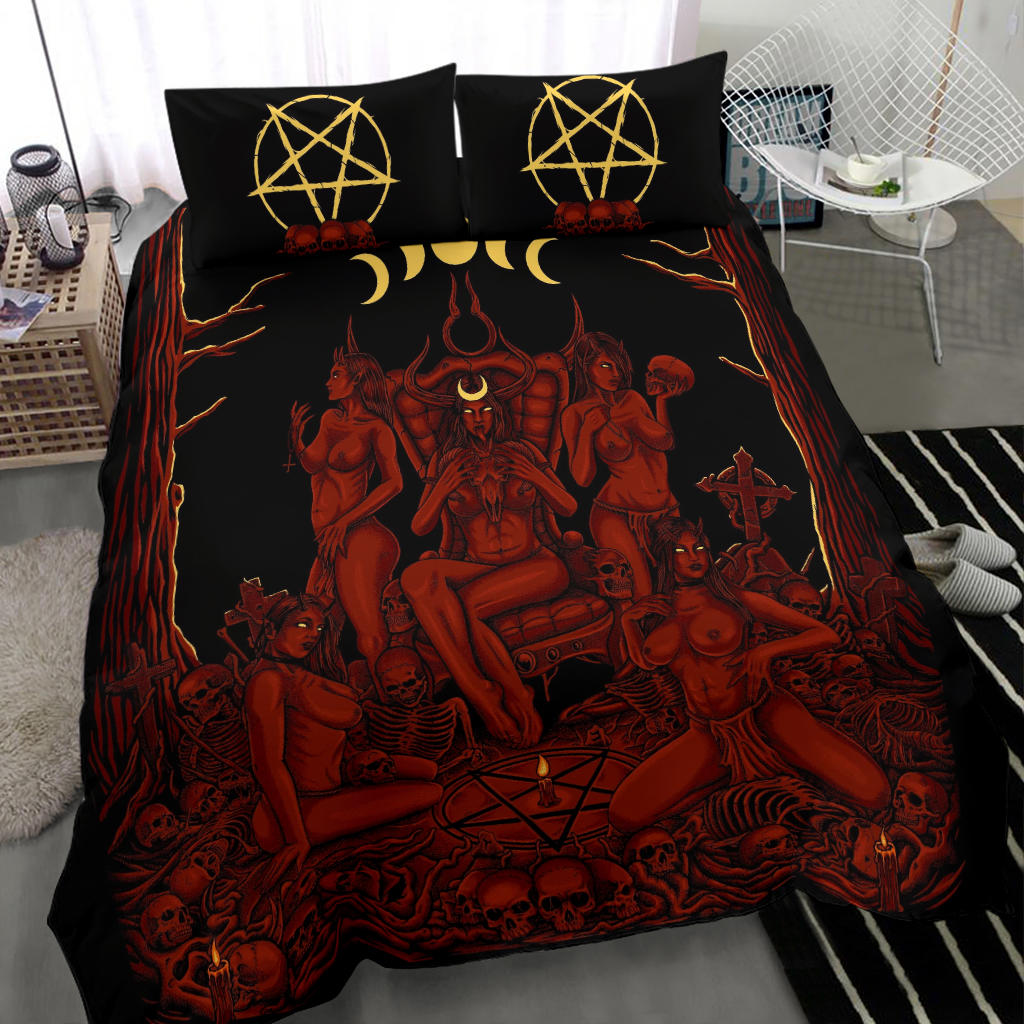 Skull Demon Satanic Pentagram Sexy Witch Throne 3 Piece Duvet Set New Red