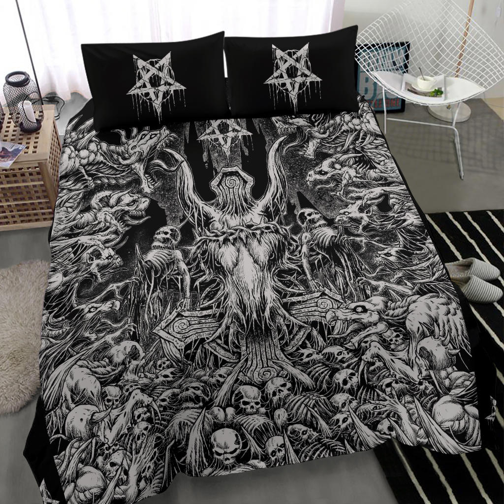 Skull Inverted Cross Crowned Goat Impaled Skeleton Demon Church Blitzkrieg 3 Piece Duvet Set Black And White