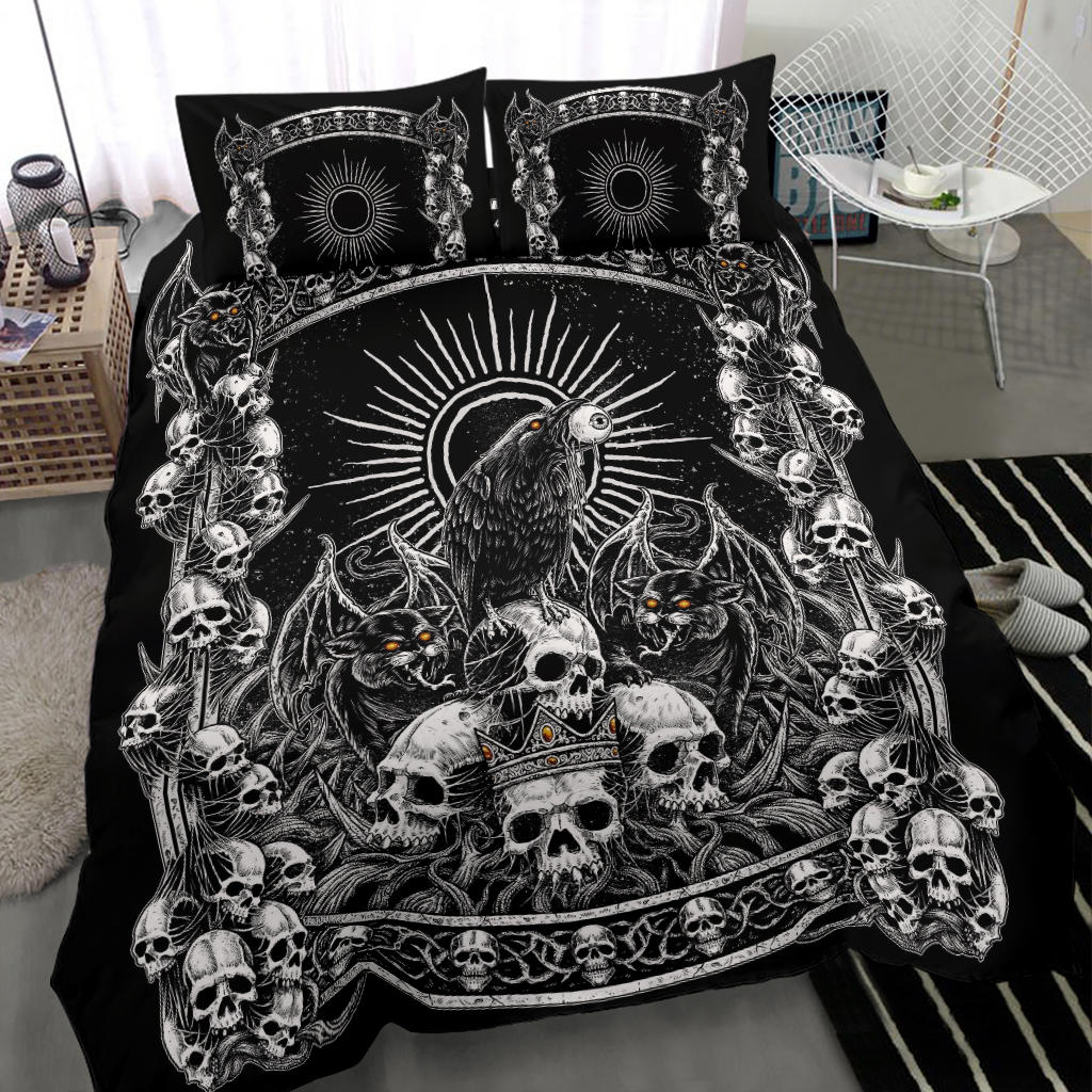 Skull Crown Demon Cat Crow Throne 3 Piece Duvet Set Black And White