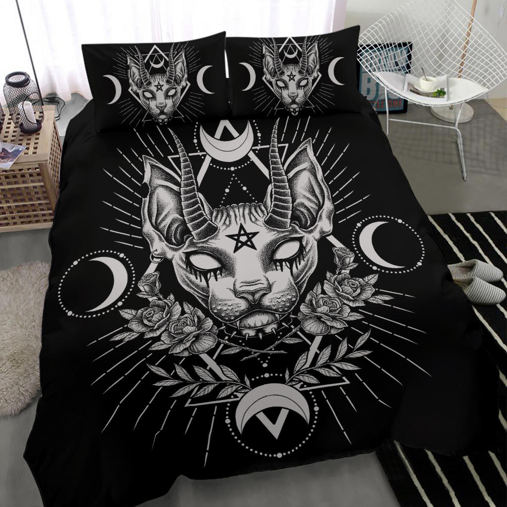 Gothic Occult Black Cat Unique Sphinx Style 3 Piece Duvet Set Black And White Demonic White Eye Version
