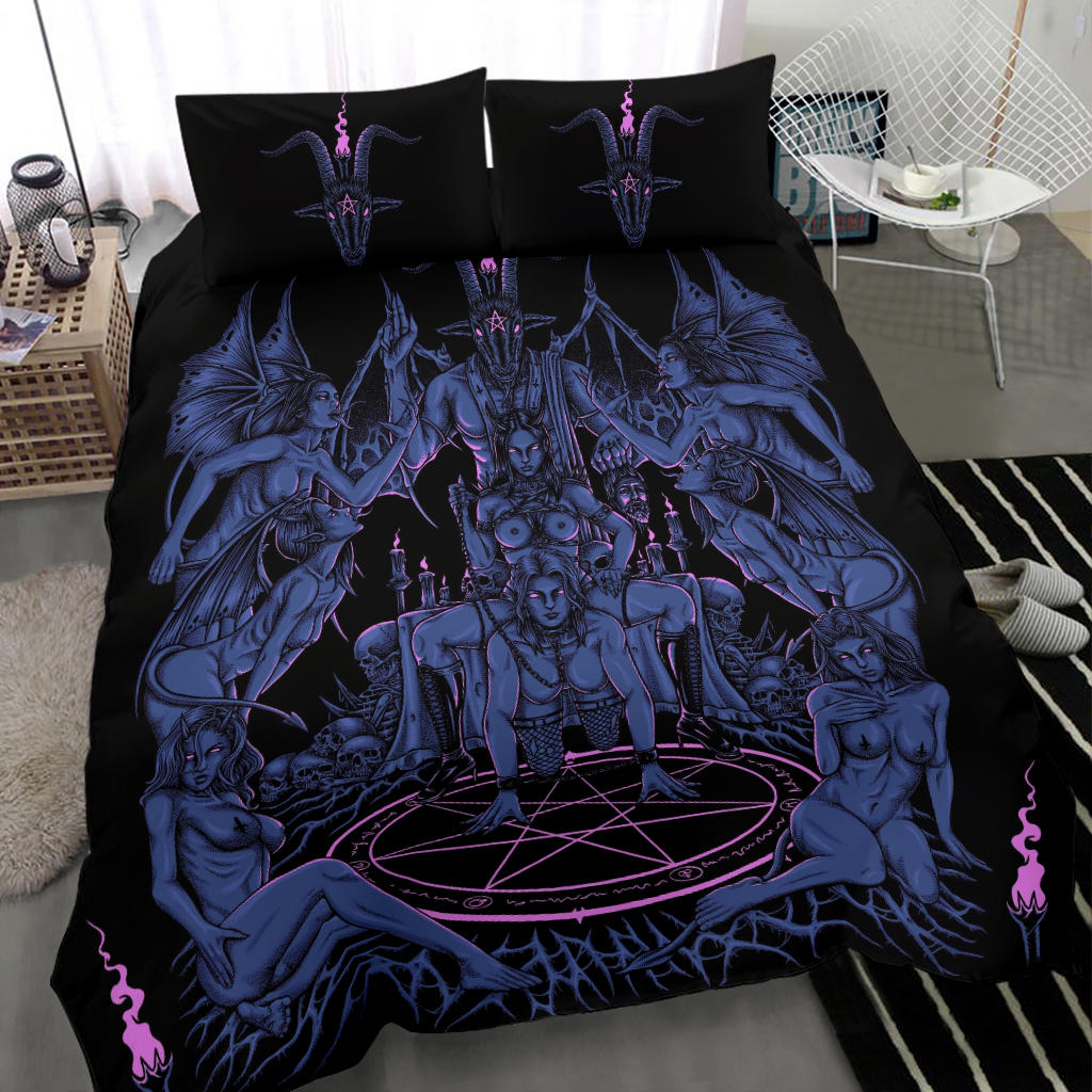Skull Satanic Baphomet Sexy Winged Demon Savior Head Display Throne 3 Piece Duvet Set Awesome Erotic Blue Pink