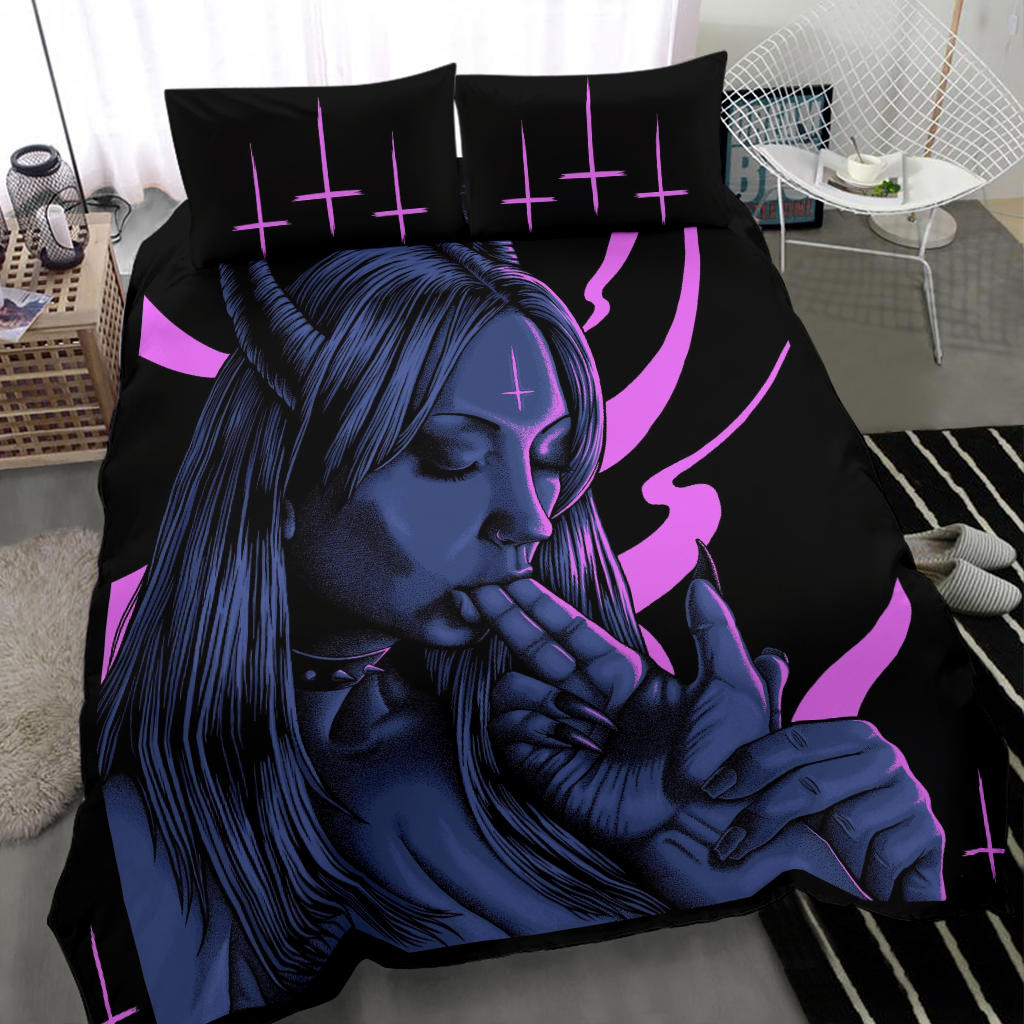 Satanic Cross Satanic Demon Embrace The Master 3 Piece Duvet Set Erotic Blue Pink