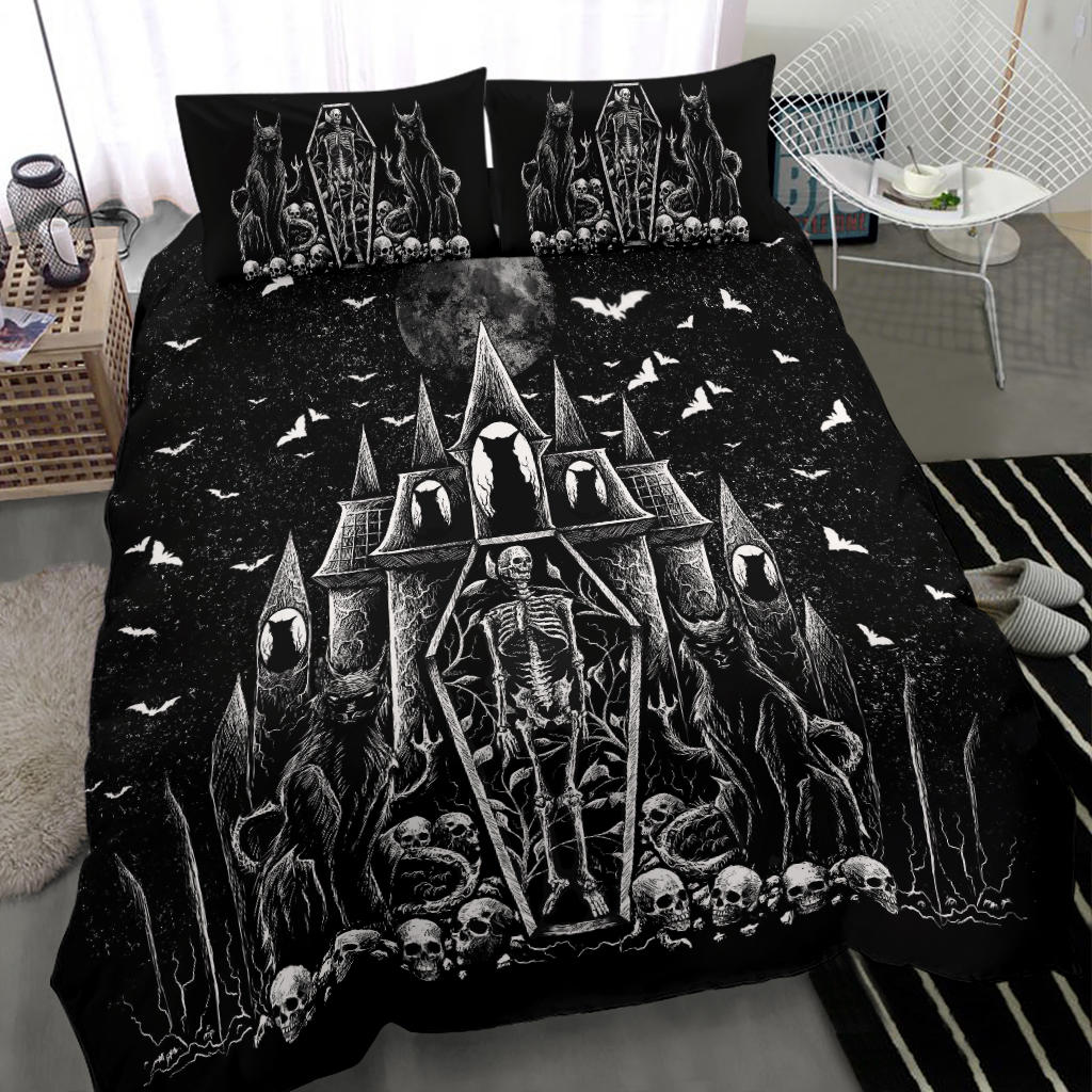 Skull Gothic Cat Skeleton Coffin Gothic Wicked Bat Night House 3 Piece Duvet Set Black Cat Version